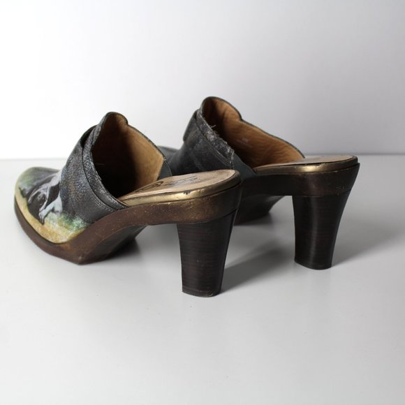 ICON Los Angeles Leather shoes slip on heels mules sz 9.5 cute dog PUG art Jeon - Picture 4 of 16